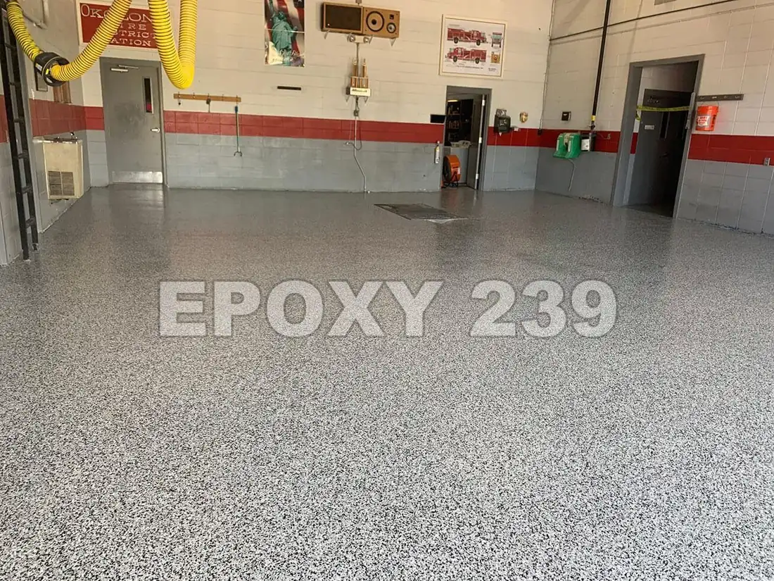 Large workshop bay with a Domino flake epoxy floor