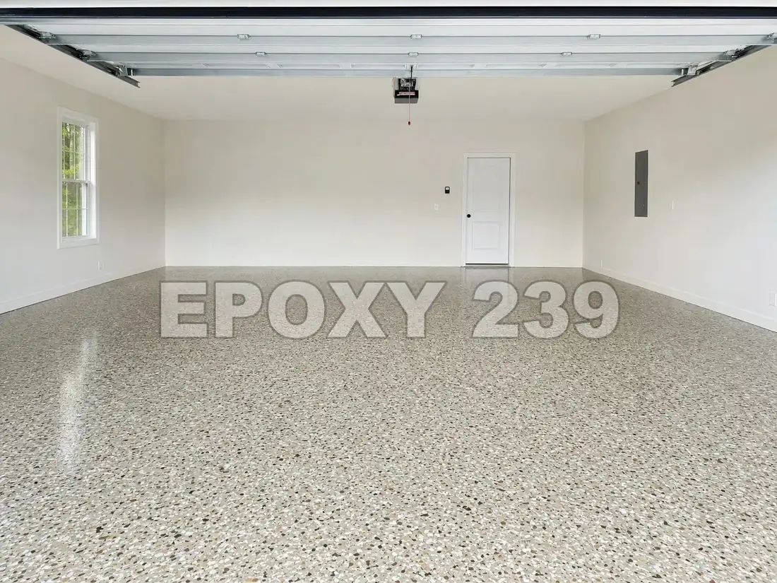 Bright garage with a cream Creekbed flake epoxy floor