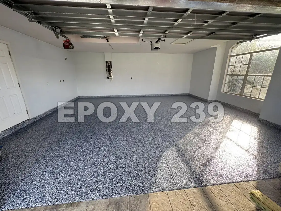 Garage with an Orbit flake epoxy floor in the afternoon sun